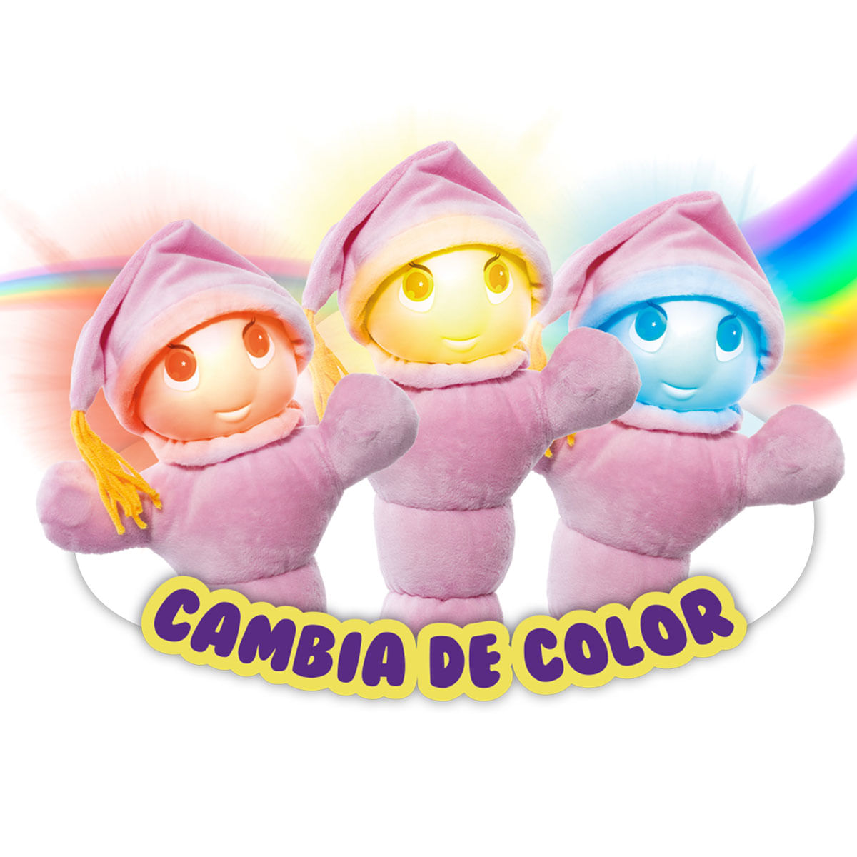 Tres figuras de peluche rosas con gorros brillan en rojo, amarillo y azul.