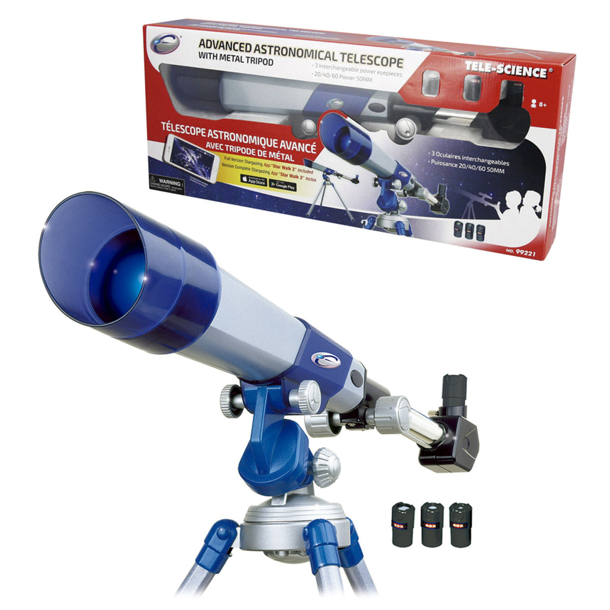 Un telescopio azul y gris con trípode de metal y tres oculares cerca.