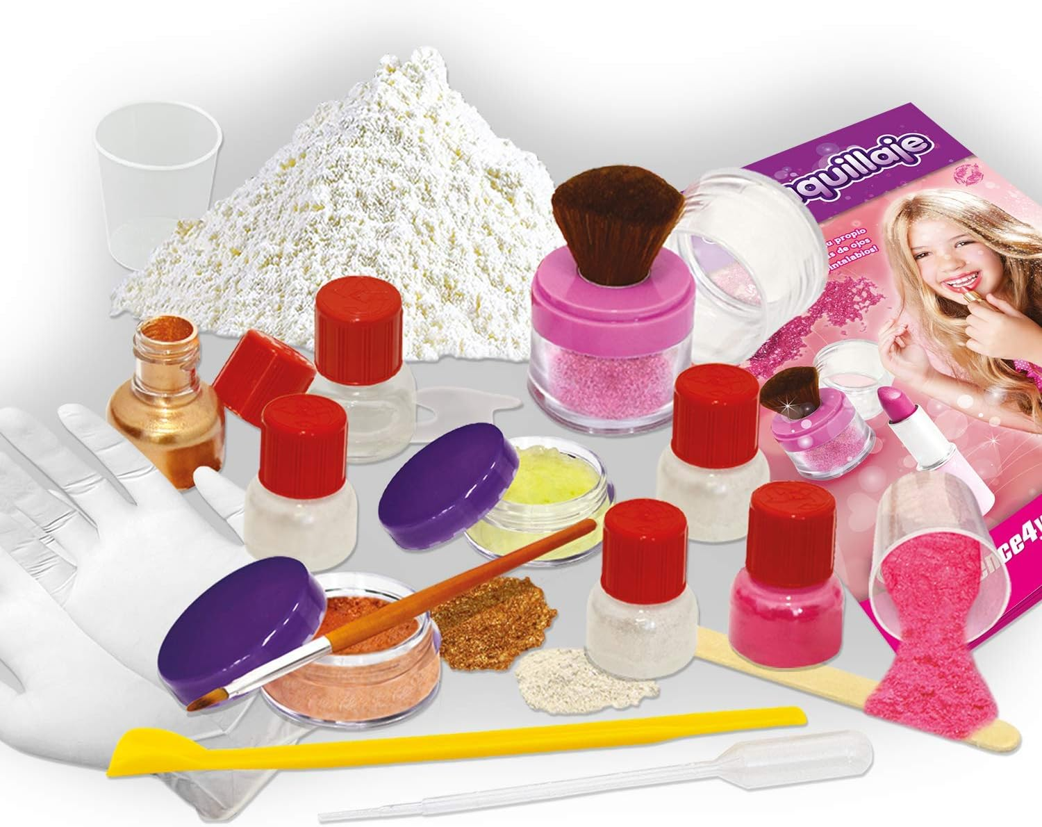 Kit de maquillaje con brillos, pinceles, frascos y guantes.