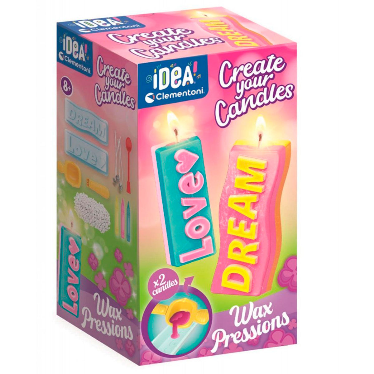 Caja de un kit para hacer velas. Dos velas coloridas con palabras.