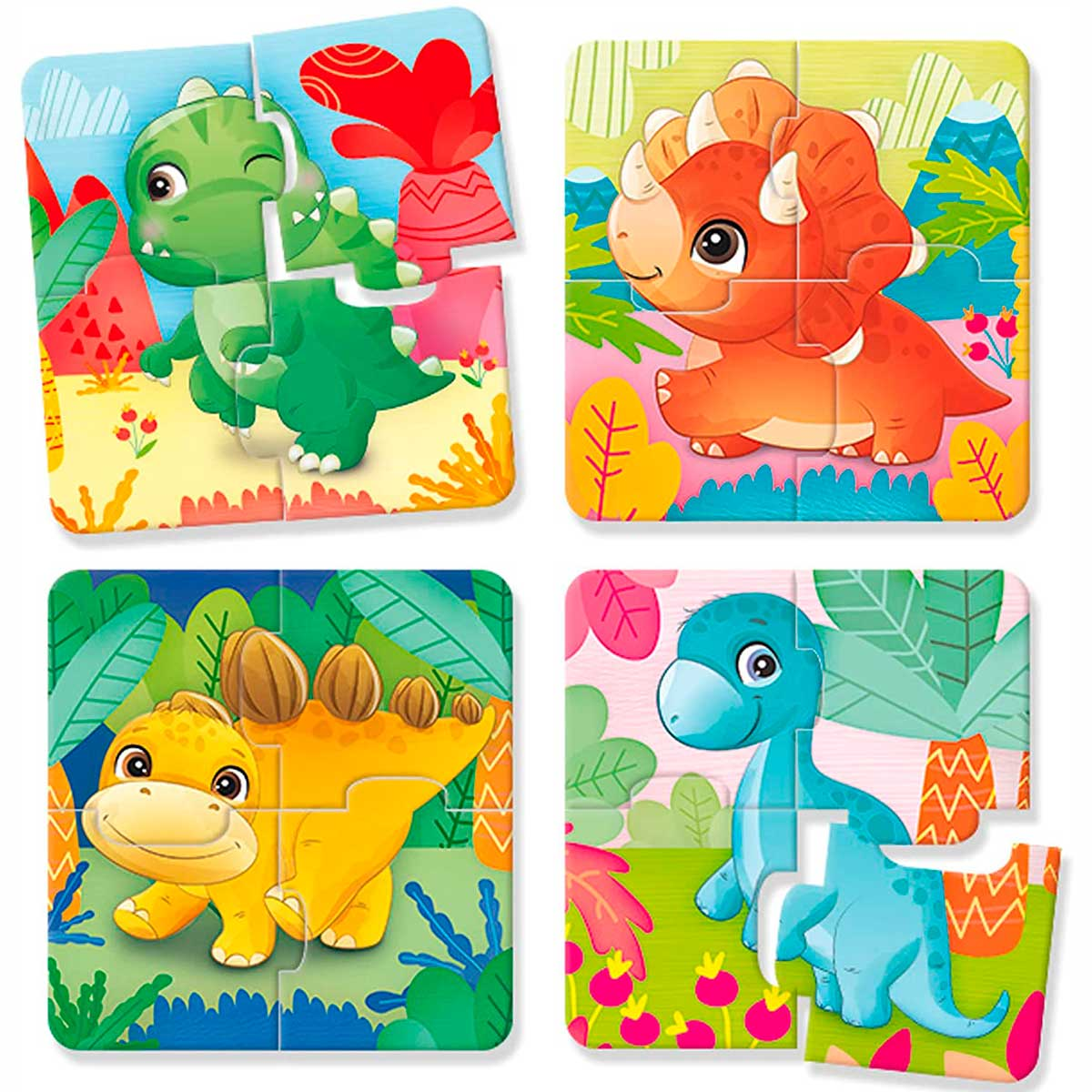 Cuatro rompecabezas de dinosaurios coloridos con personajes lindos y entornos tropicales.