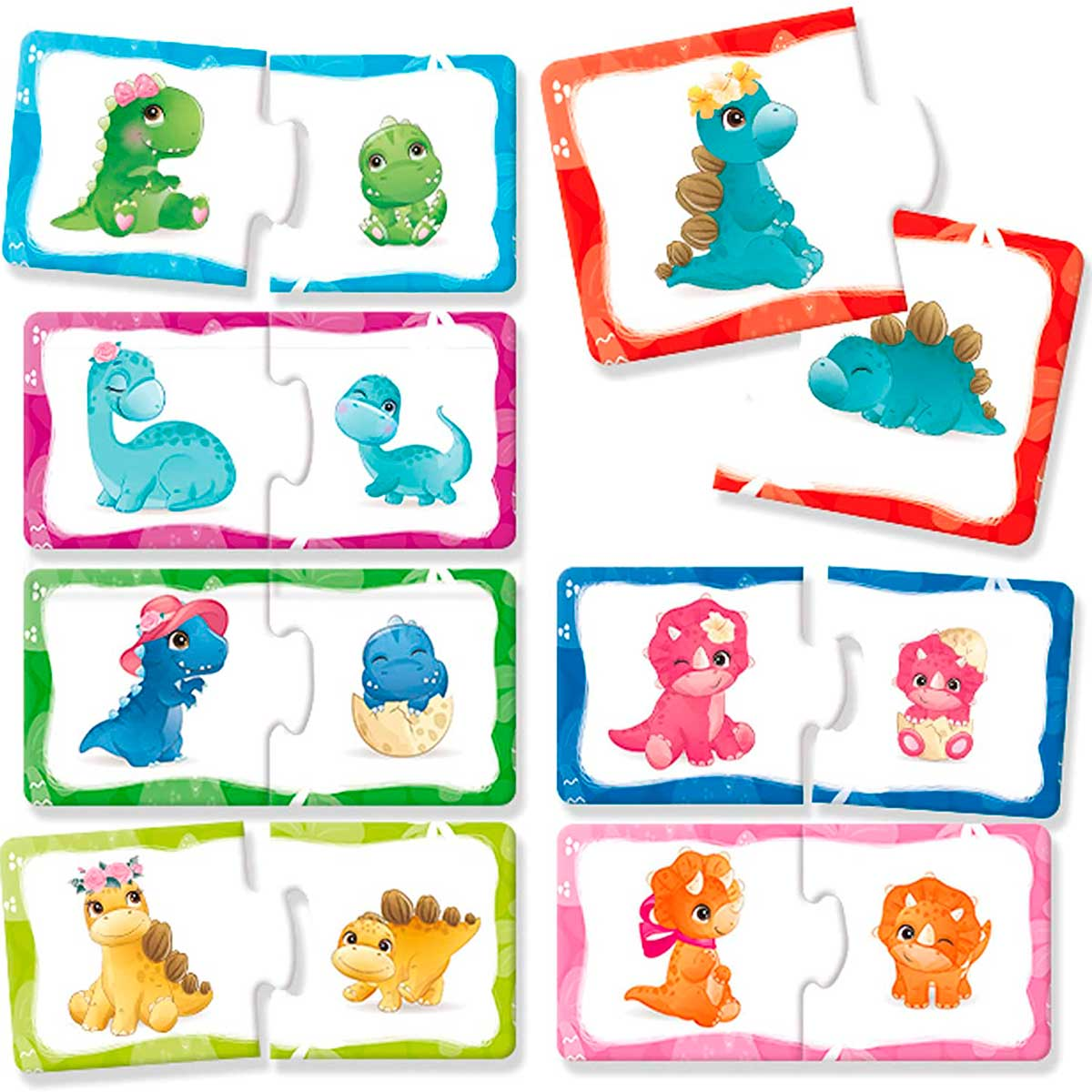 Pares de rompecabezas de dinosaurios coloridos con lindas ilustraciones de dinosaurios bebé.