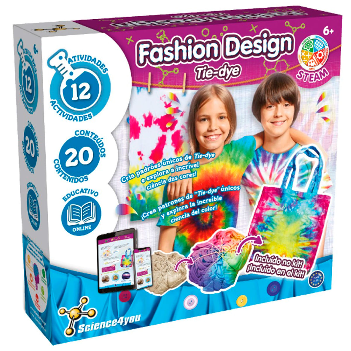 Caja para un kit de "Fashion Design Tie-dye" con niños vistiendo ropa teñida anudada.