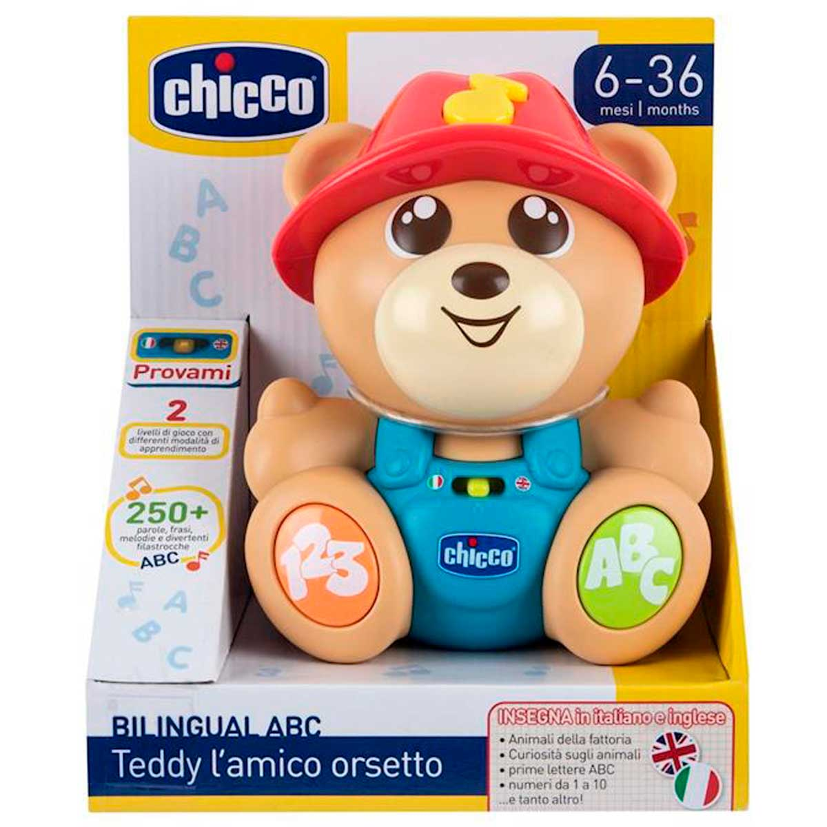 Un osito de peluche con gorro rojo y peto azul, enseña ABC y números.