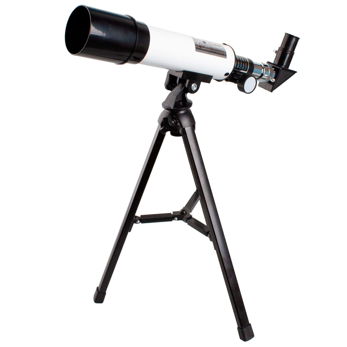Un telescopio blanco con accesorios negros sobre un trípode negro.