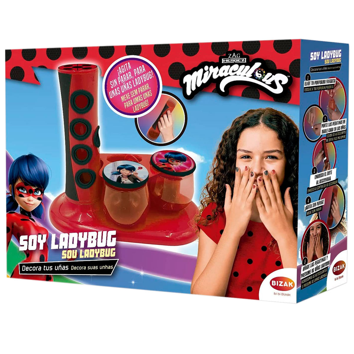 Embalaje de un juguete de decoración de uñas de Ladybug, con una niña mostrando sus uñas.