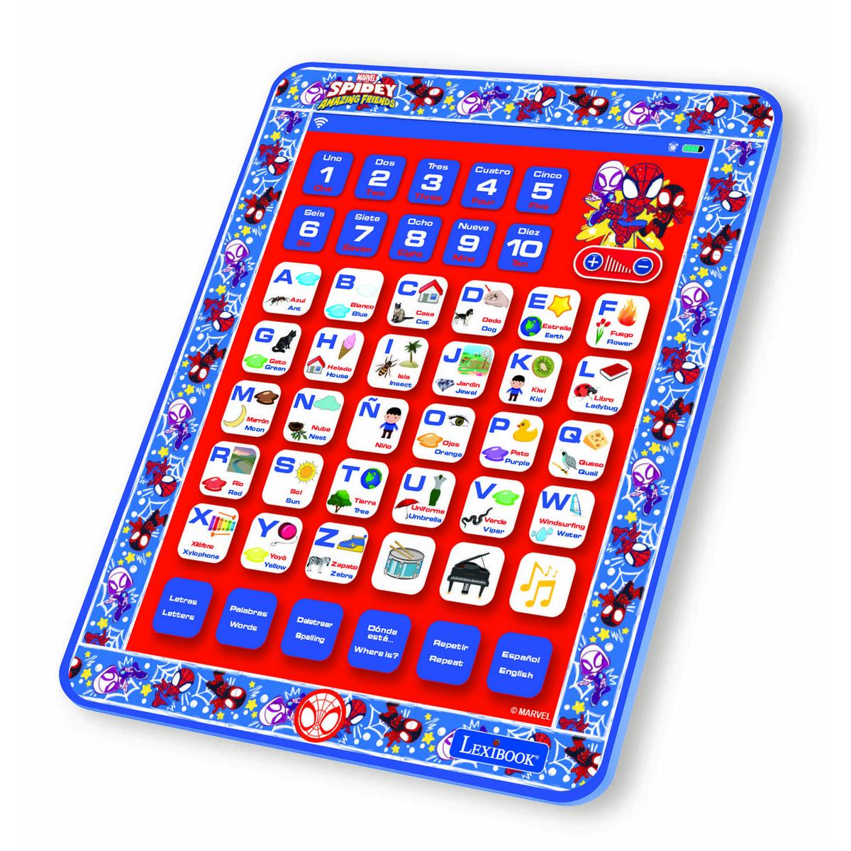 Una tablet de juguete azul con números, letras e imágenes temática de Spiderman.