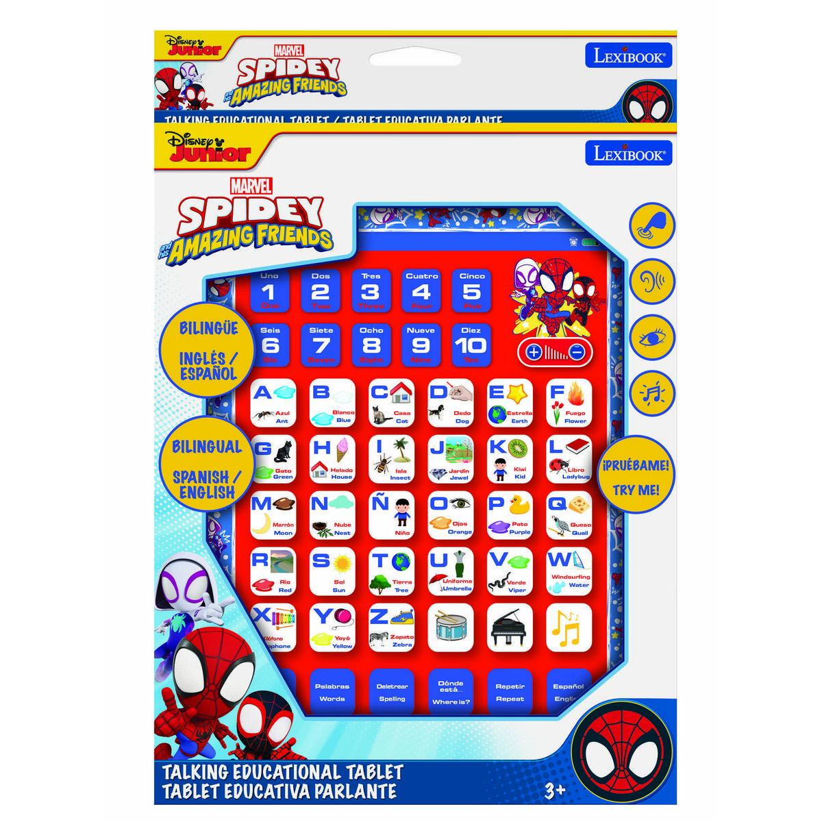 Una tablet educativa parlante de Spidey y sus amigos con números, letras e imágenes.