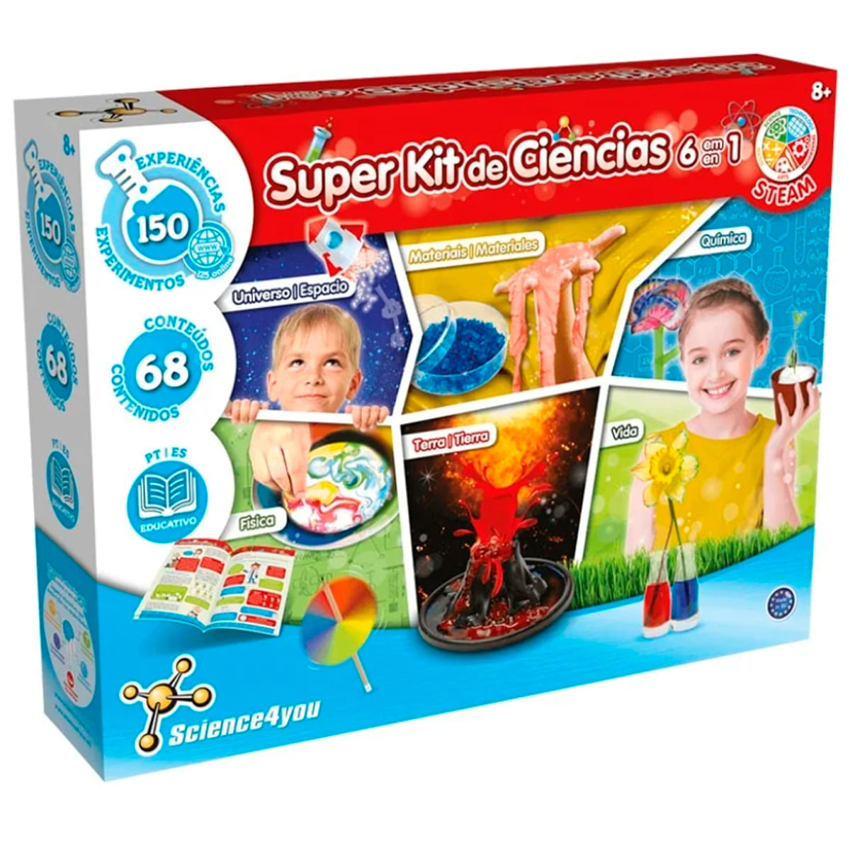 Caja de un kit de ciencias, mostrando imágenes de experimentos como volcanes y plantas.