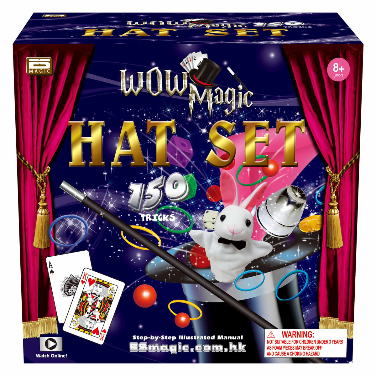 Una caja de set de magia con sombrero, conejo, varita, cartas y anillos.