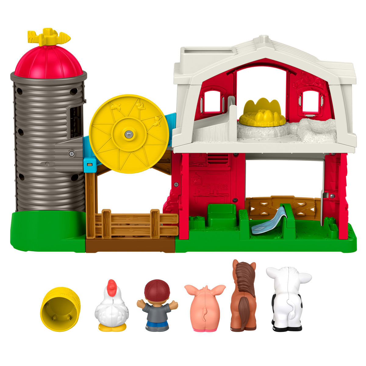 Granja de juguete con silo, granero y figuras: pollo, cerdo, caballo, vaca.
