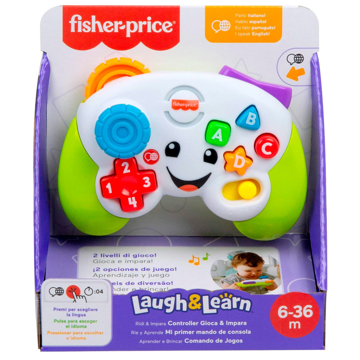 Mando de juguete Fisher-Price con botones, números y cara.