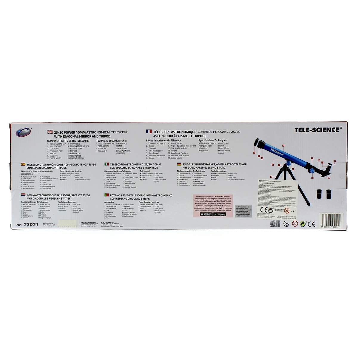 Telescopio azul con trípode y accesorios en una caja con especificaciones multilingües.