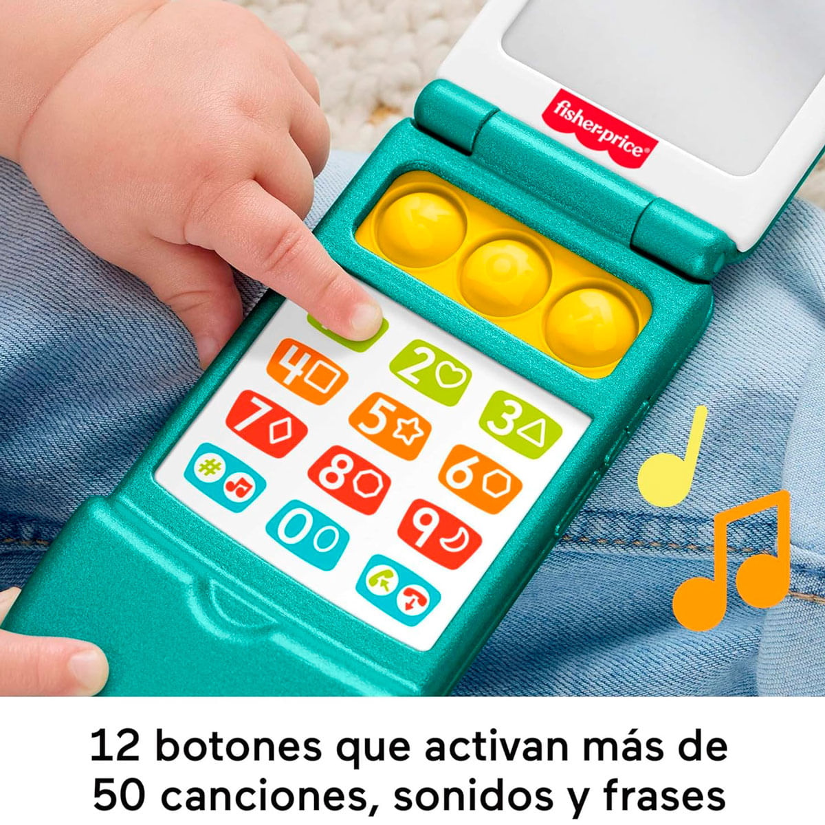 La mano de un niño pequeño presiona botones en un teléfono de juguete con teclas coloridas.