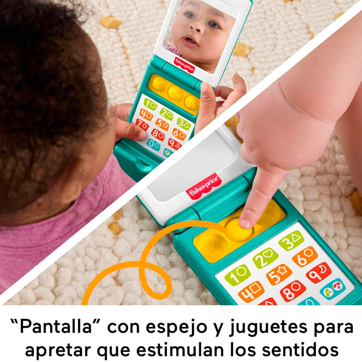 Un bebé juega con un teléfono de juguete Fisher-Price con espejo y botones.