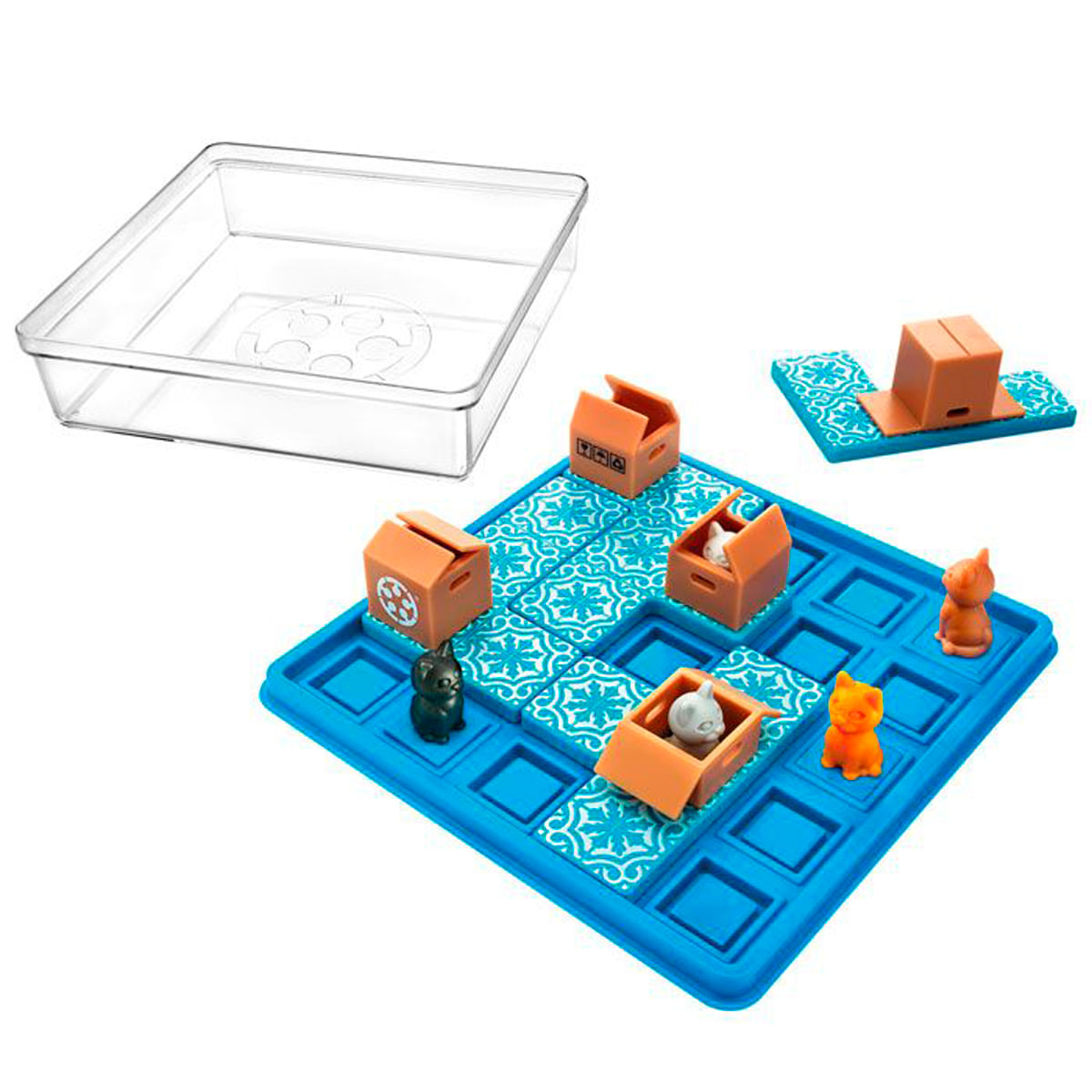 Un juego de mesa con gatos y cajas en un tablero azul.