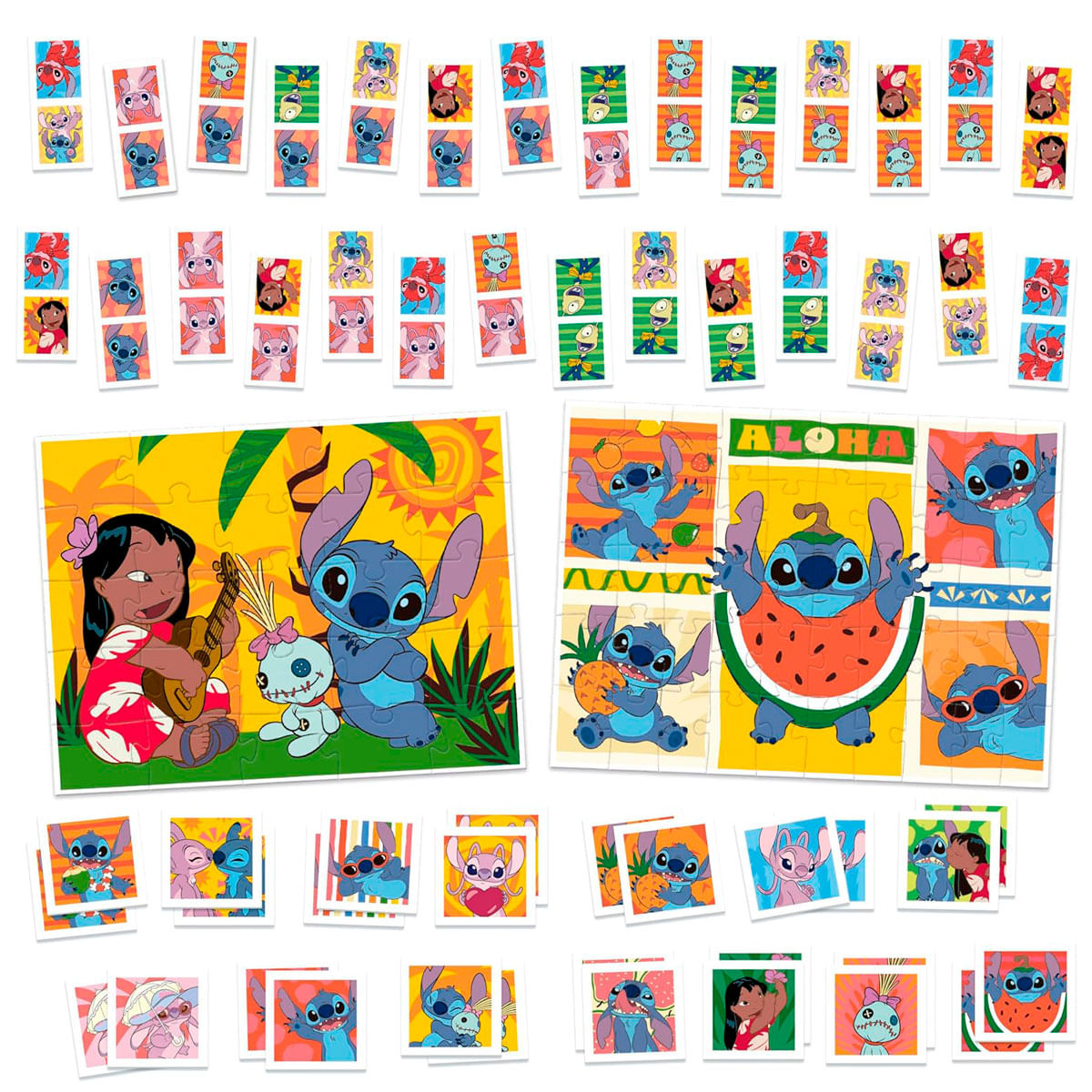 Muchos puzles pequeños y grandes de Lilo y Stitch sobre fondo amarillo.