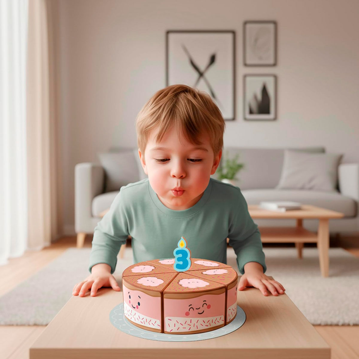 Un niño pequeño con camisa verde apaga una vela en un pastel con un '3'.