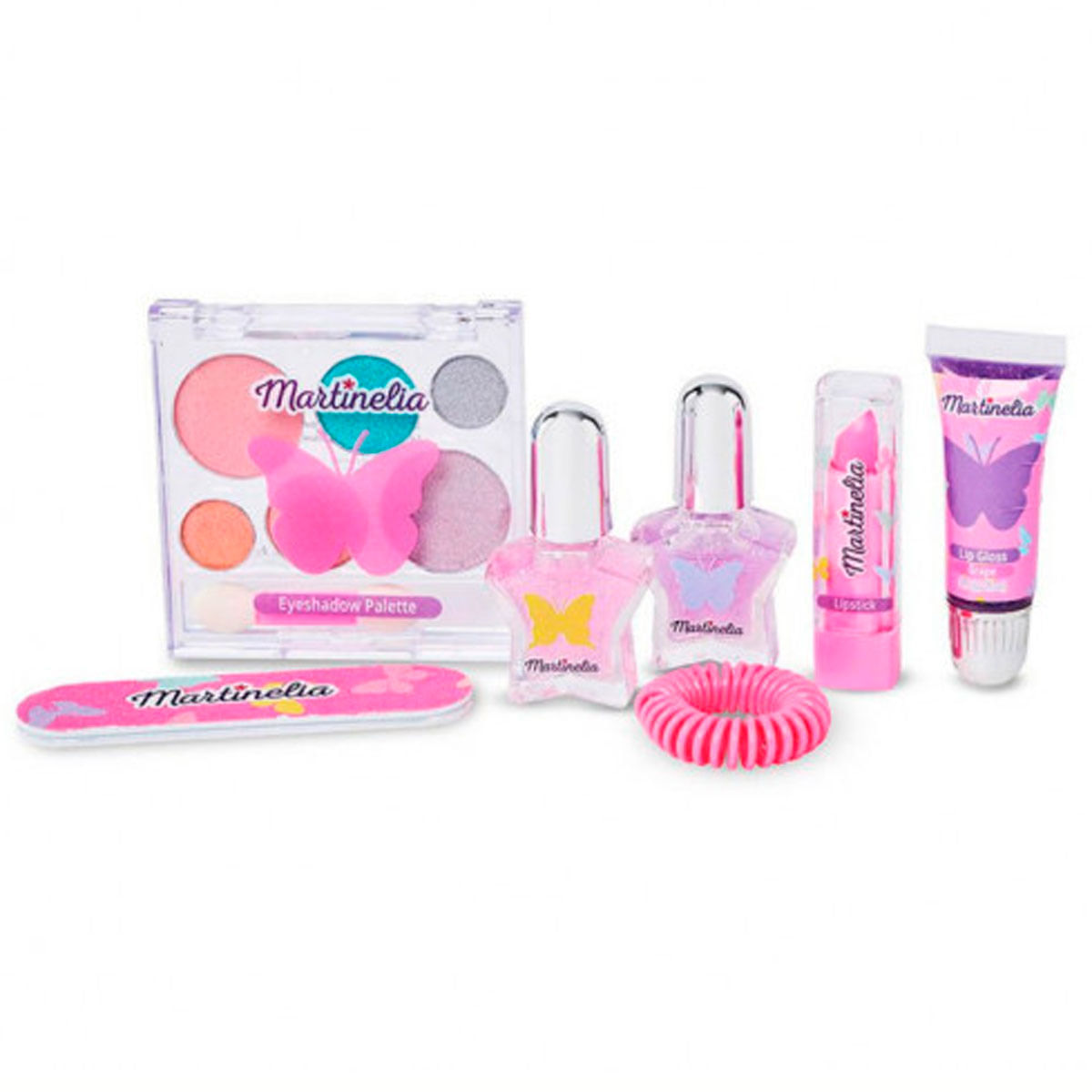 Un set de maquillaje Martinelia con sombras, esmalte, pintalabios y brillo de labios.