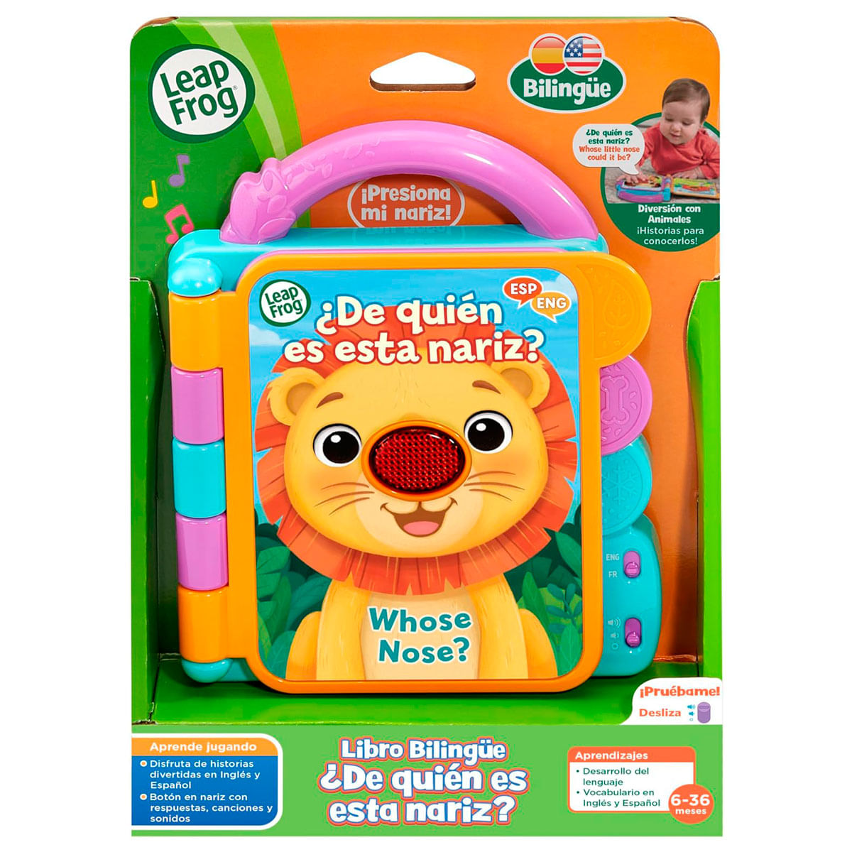 Un libro bilingüe Leap Frog con un león, etiquetado '¿De quién es esta nariz?'. Apto para 6-36 meses.