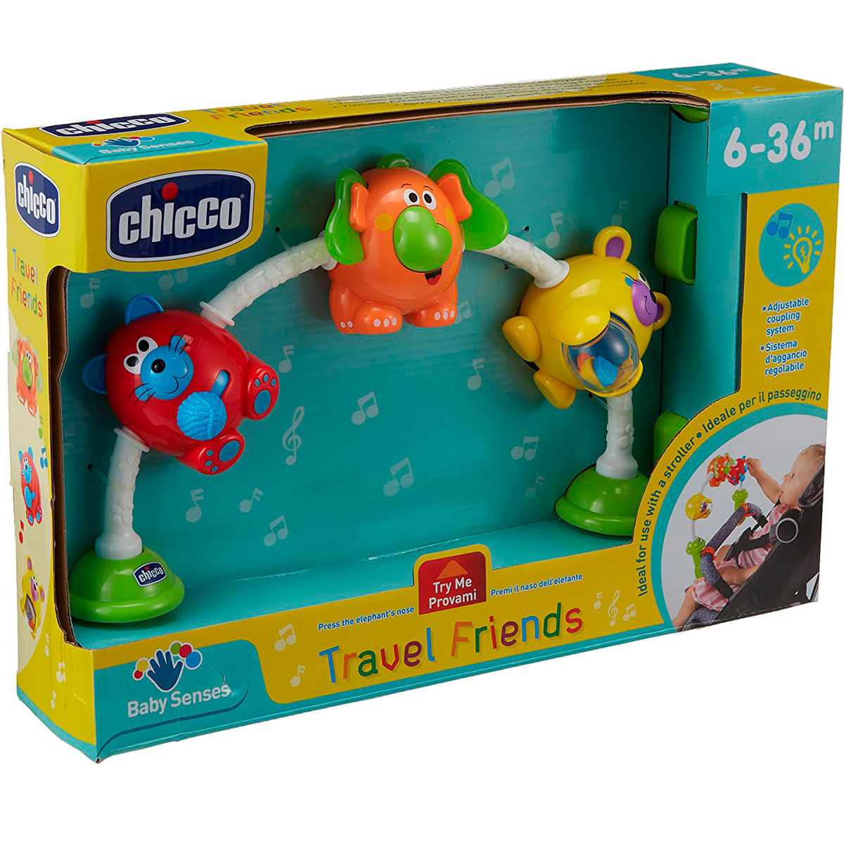 Un juguete para cochecito con elefante, oso y ratón coloridos.