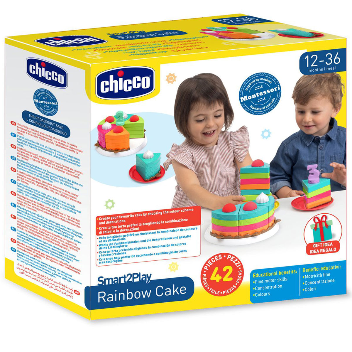 Caja de juguetes Chicco Rainbow Cake con niños construyendo pasteles.