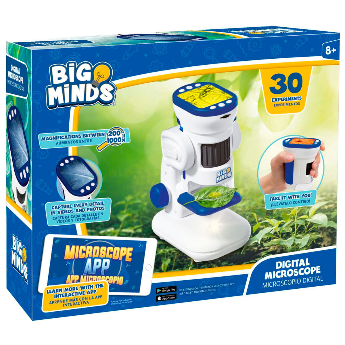 Caja de microscopio digital con hoja, pantalla de app y unidad portátil.