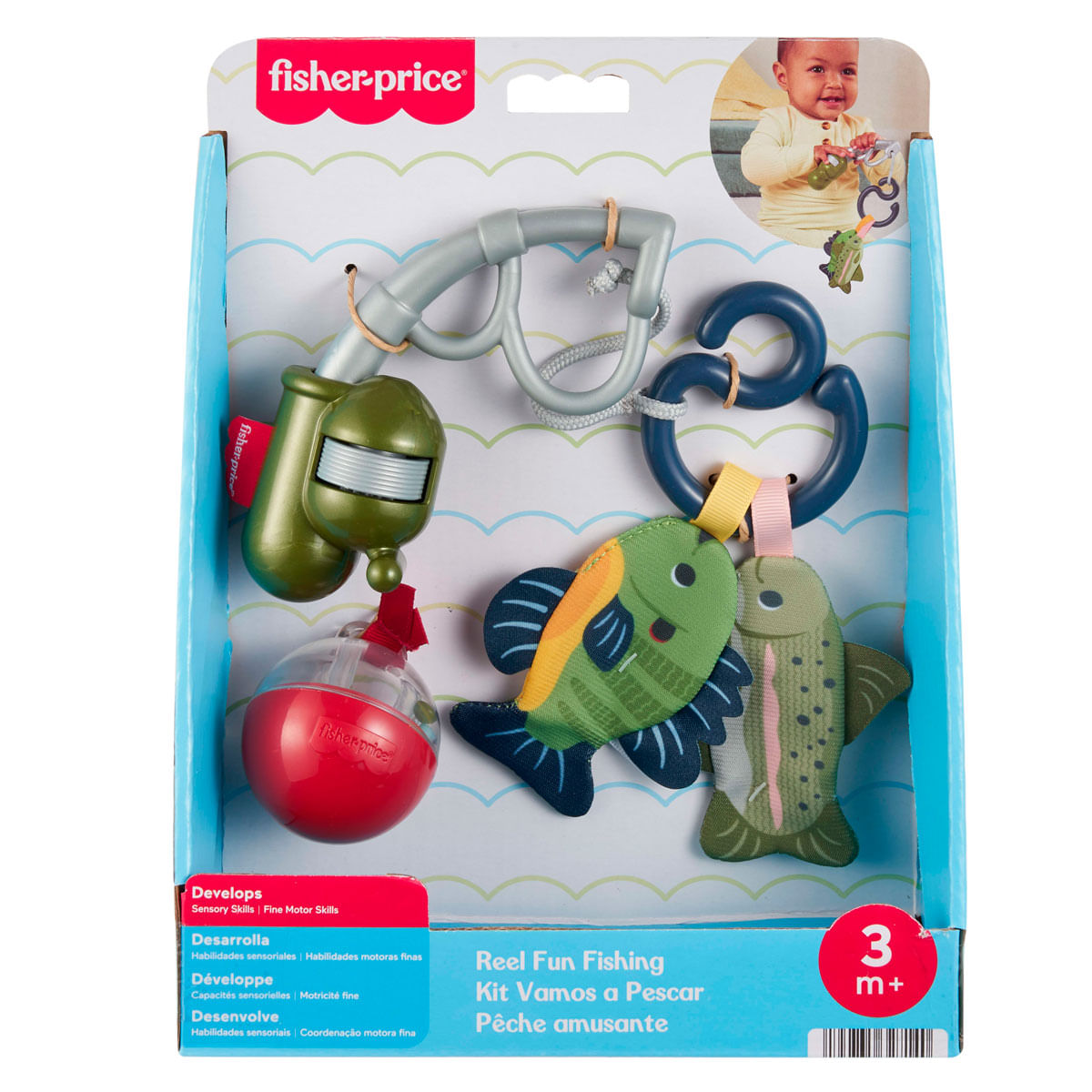 Juguete para bebé Fisher-Price con tema de pesca, carrete, flotador y dos peces de peluche.
