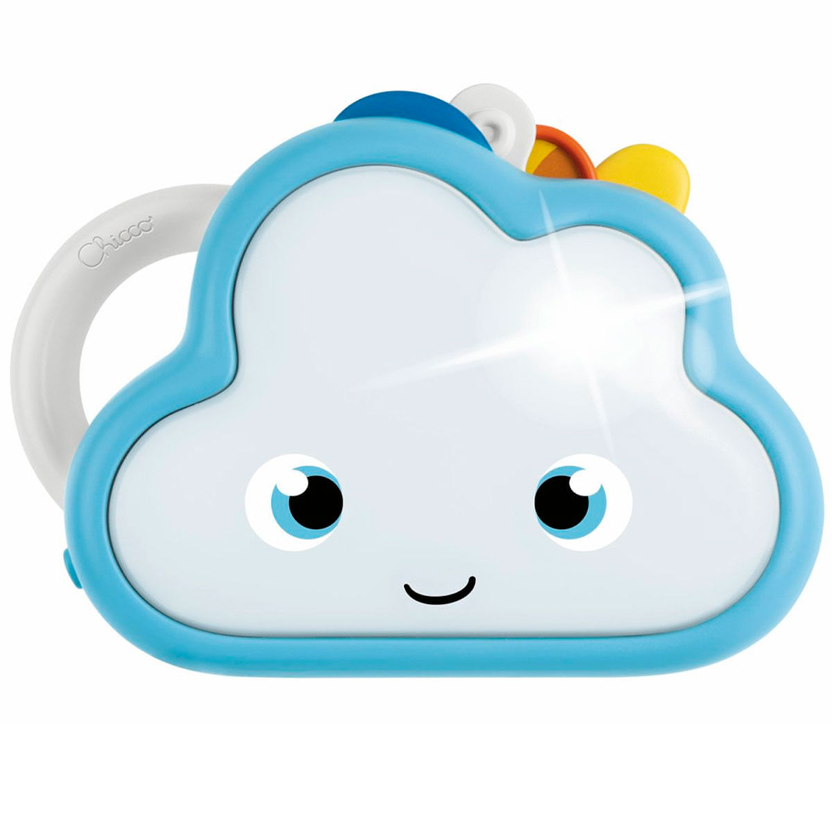 Una luz de juguete en forma de nube azul y blanca con cara y asa.