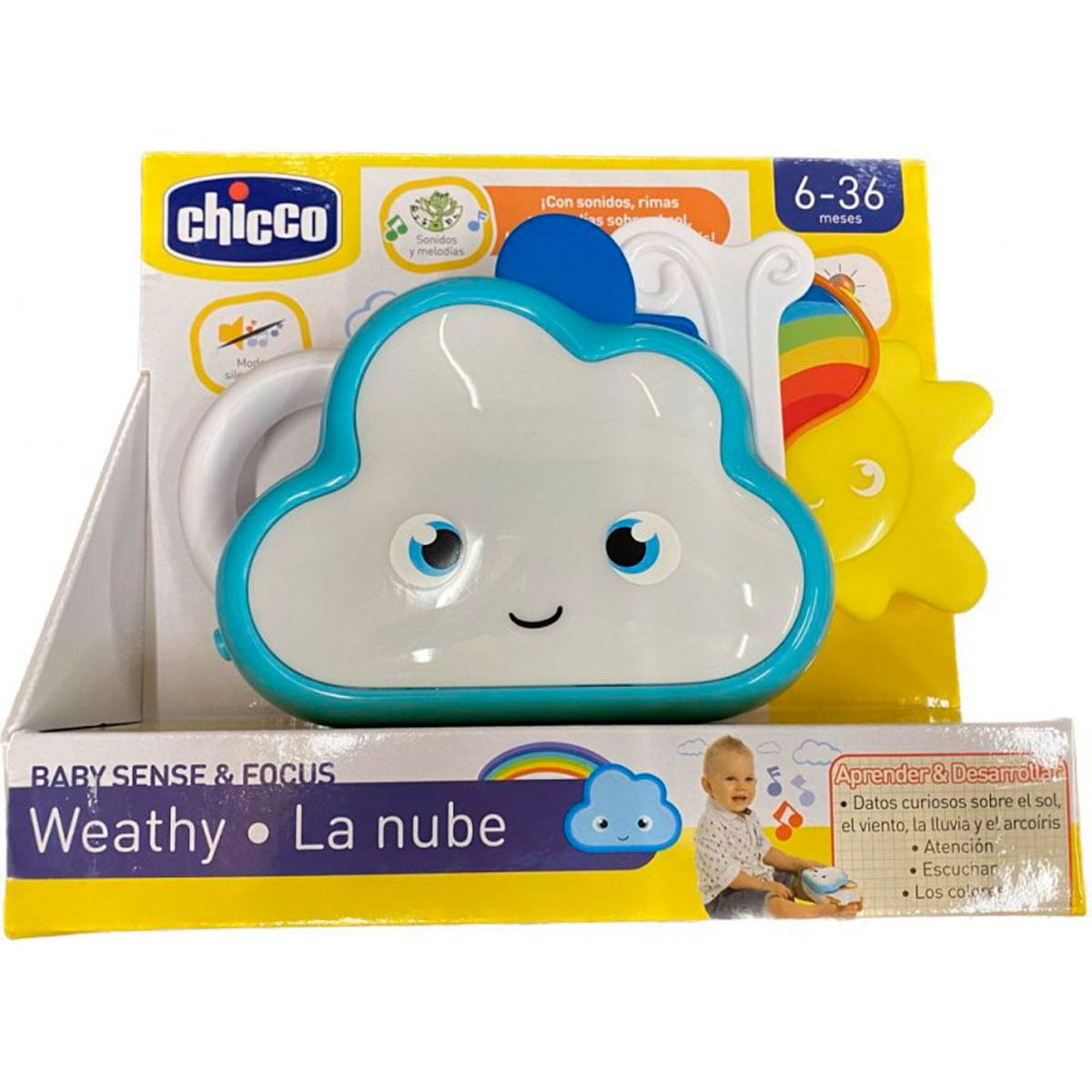 Un juguete con forma de nube con cara sonriente y gráfico de sol.