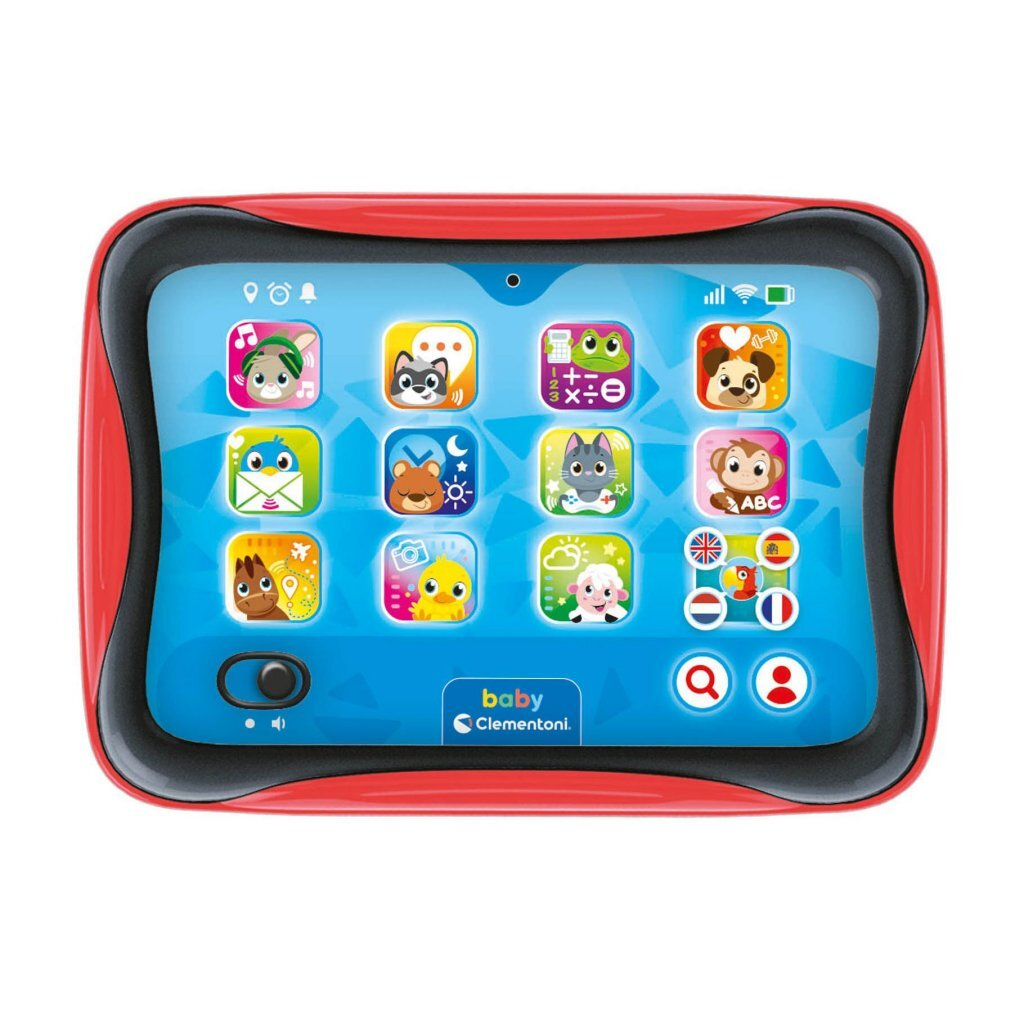 Tablet de juguete rojo con iconos de animales y abecedario.