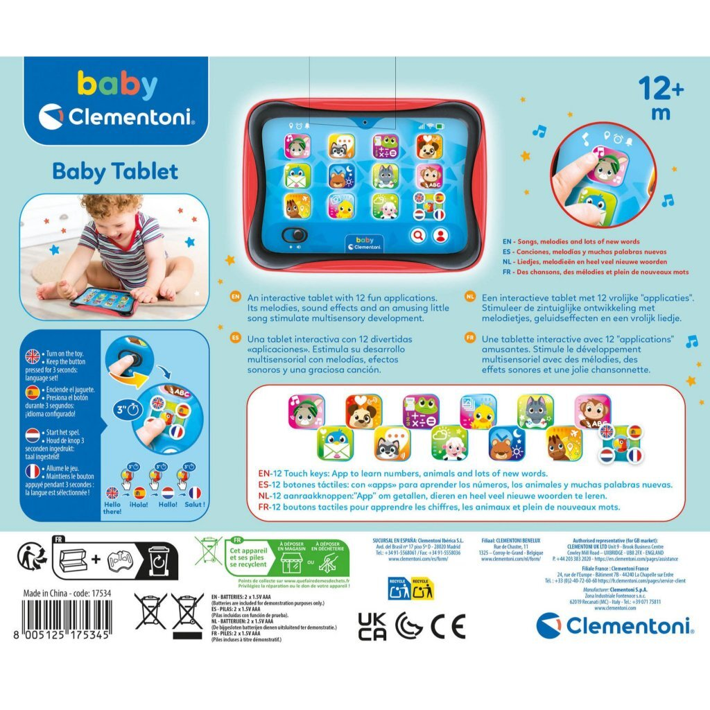 Tablet para bebé Clementoni con iconos coloridos y un niño jugando.