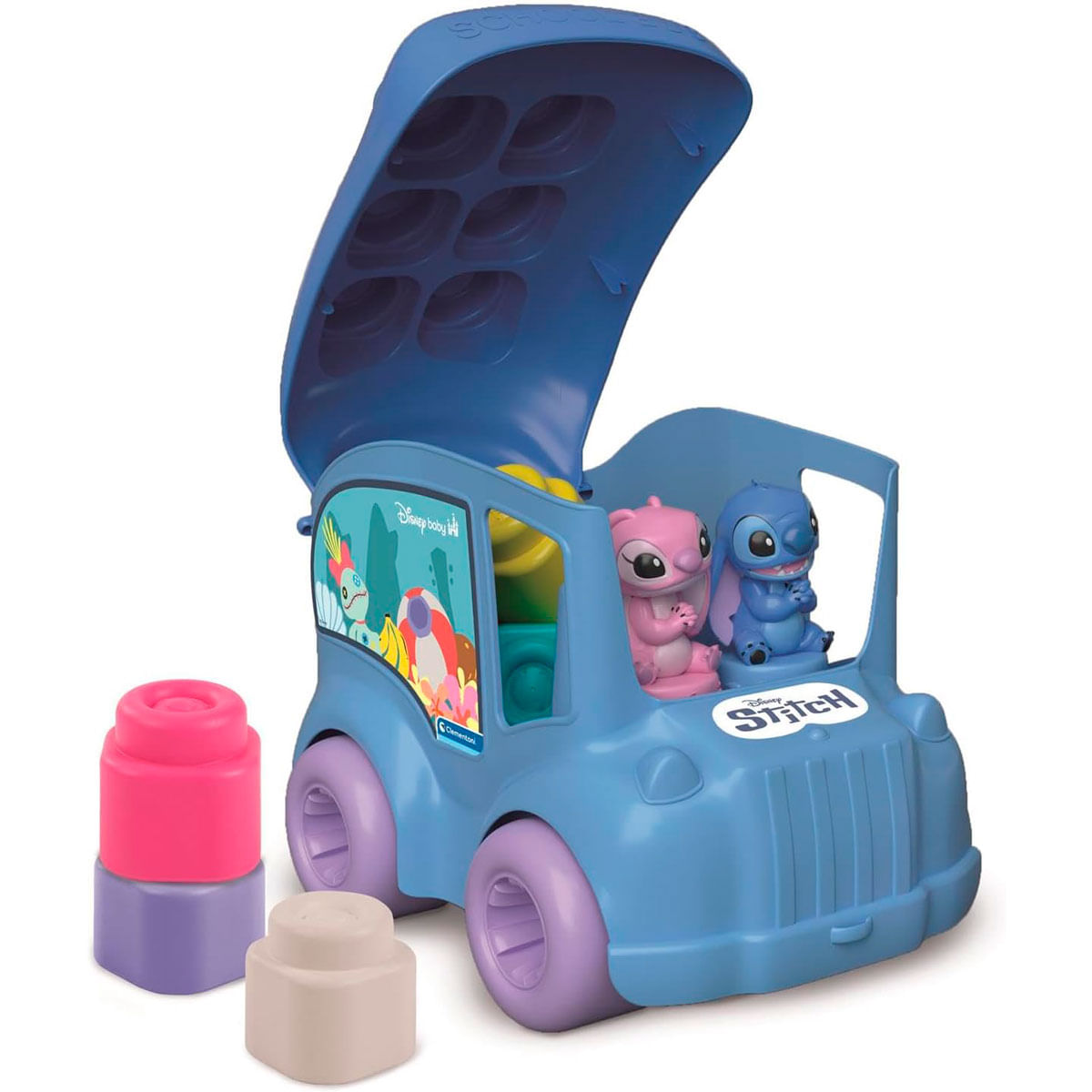 Autobús de juguete azul con figuras de Stitch y Angel y bloques.