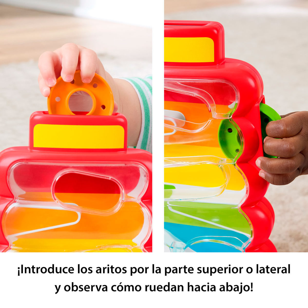 Un niño mete un aro naranja en un juguete rojo. La mano de otro niño está al lado.