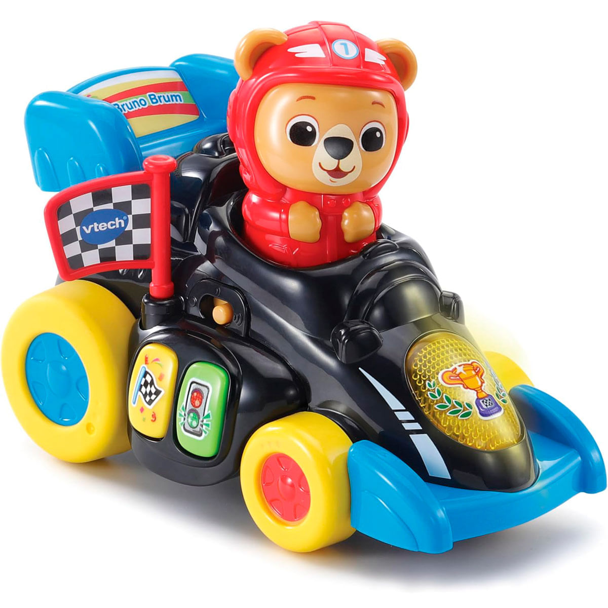 Un oso de peluche con casco rojo conduce un coche de carreras negro con detalles azules.
