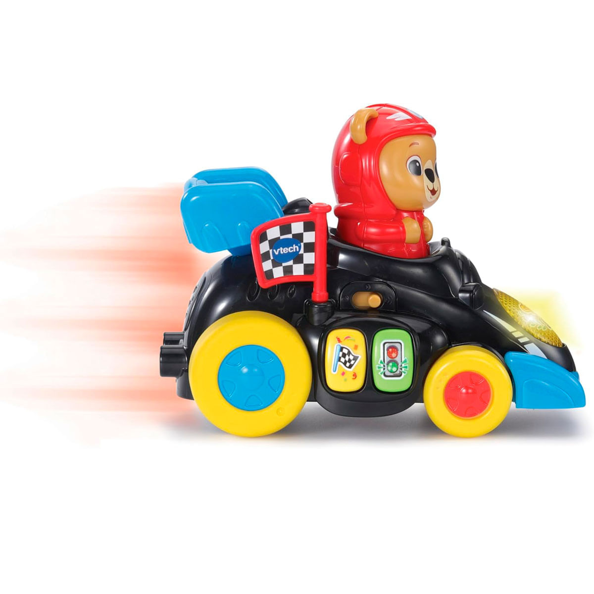 Un coche de juguete negro con un oso conductor con casco rojo se mueve rápido.