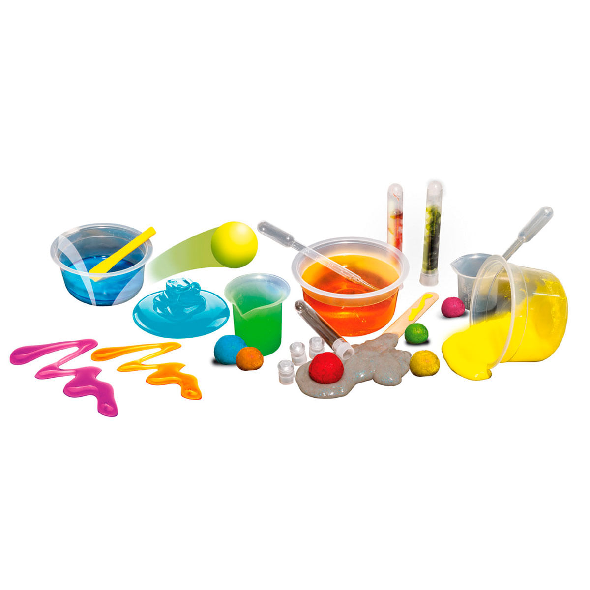 Un set con líquidos, polvos y bolas de colores para experimentos científicos.
