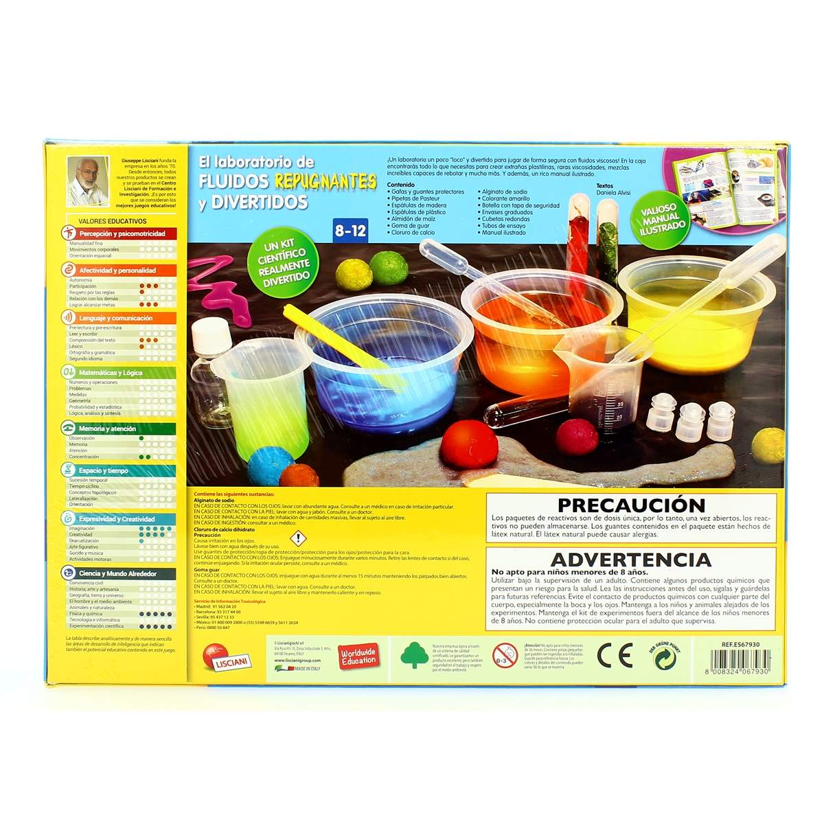 Un kit de ciencia con recipientes, líquidos y bolitas, edades 8-12.