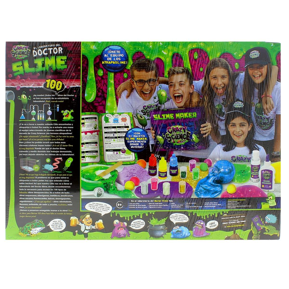 Una caja colorida titulada 'Doctor Slime', que muestra a niños haciendo slime.