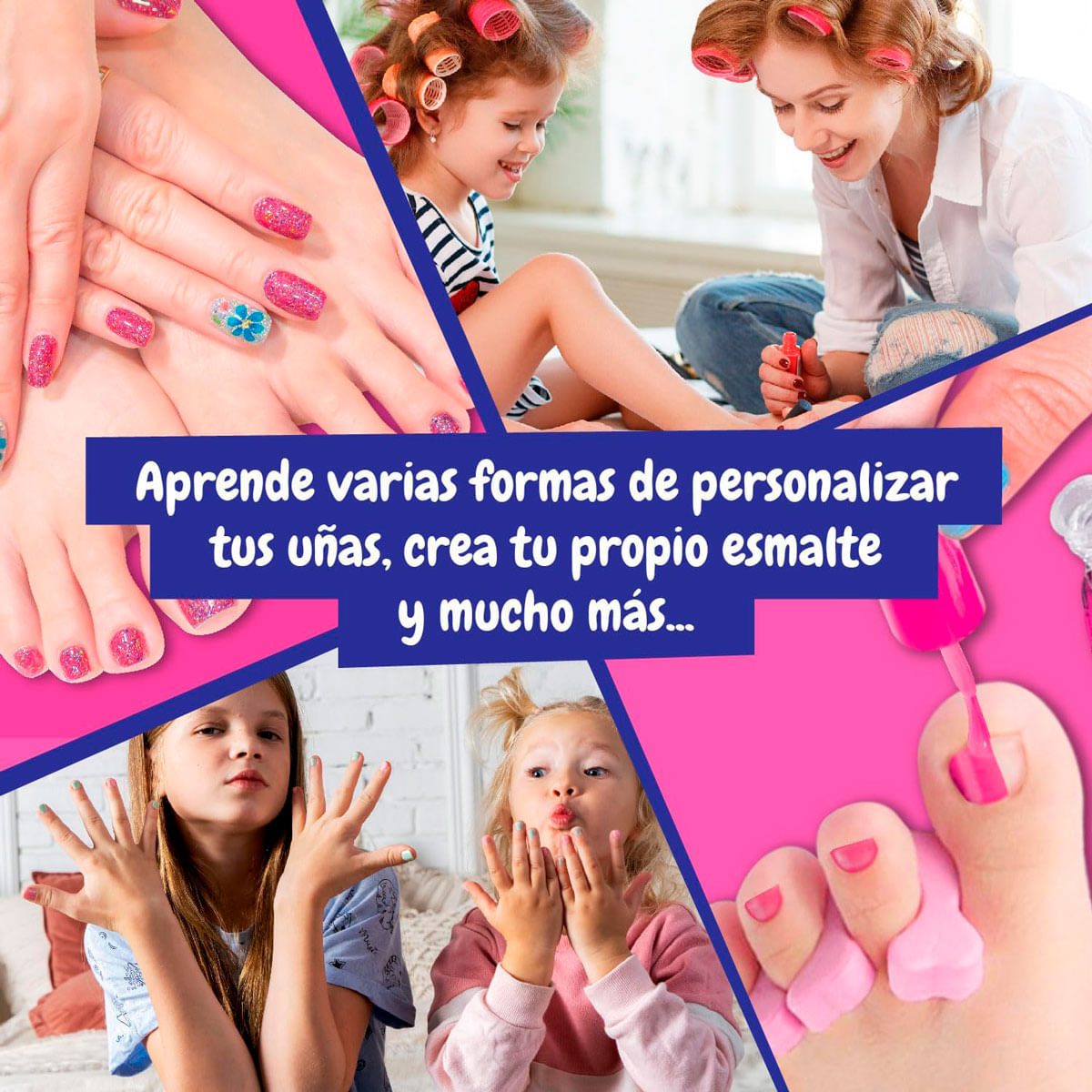 Madre e hija haciéndose las uñas. Dos niñas muestran uñas pintadas. Primer plano de uñas de los pies pintadas.