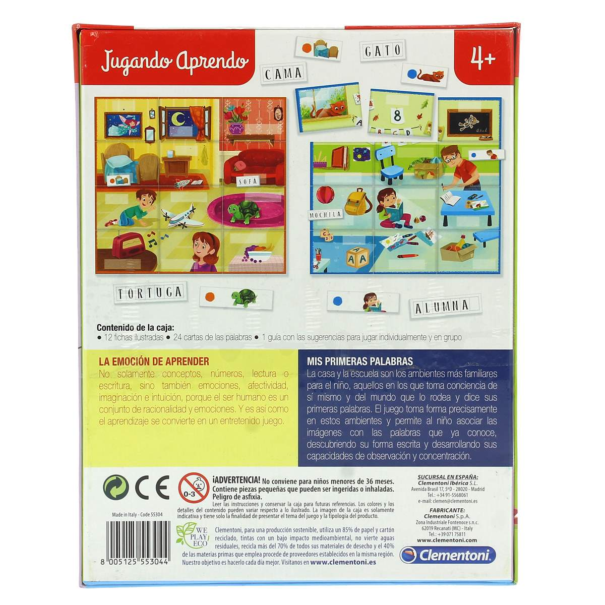 Caja de juego con ilustraciones de juegos de aprendizaje infantil. Muestra escenas de casa y escuela.