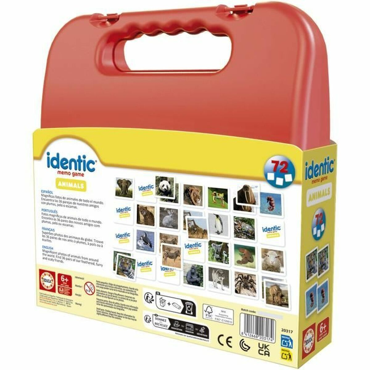 Caja roja de juego de memoria de animales. Contiene 72 tarjetas de animales.