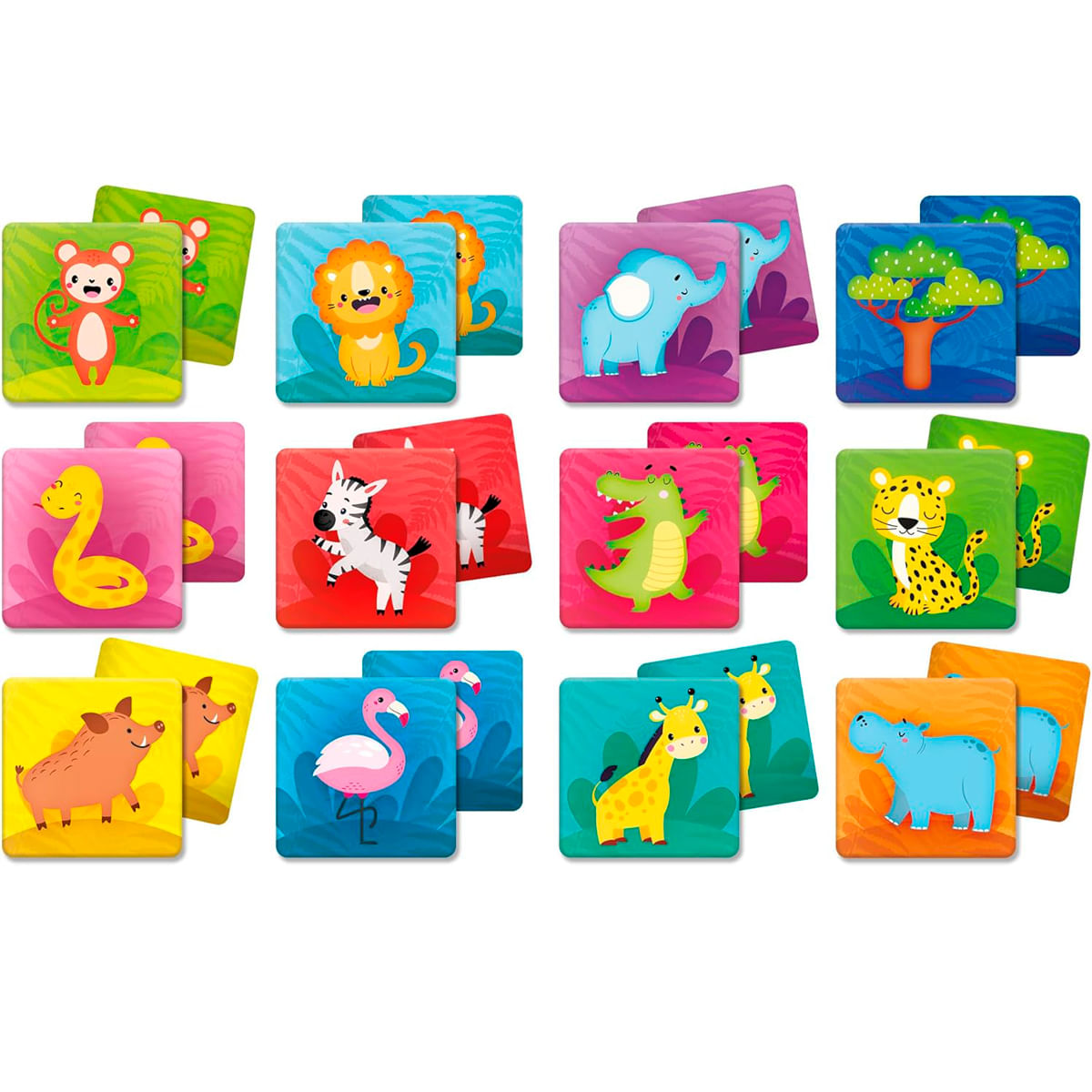 Tarjetas de animales coloridas: mono, león, elefante, árbol, serpiente, cebra, cocodrilo, leopardo, cerdo, flamenco, jirafa, hipopótamo.