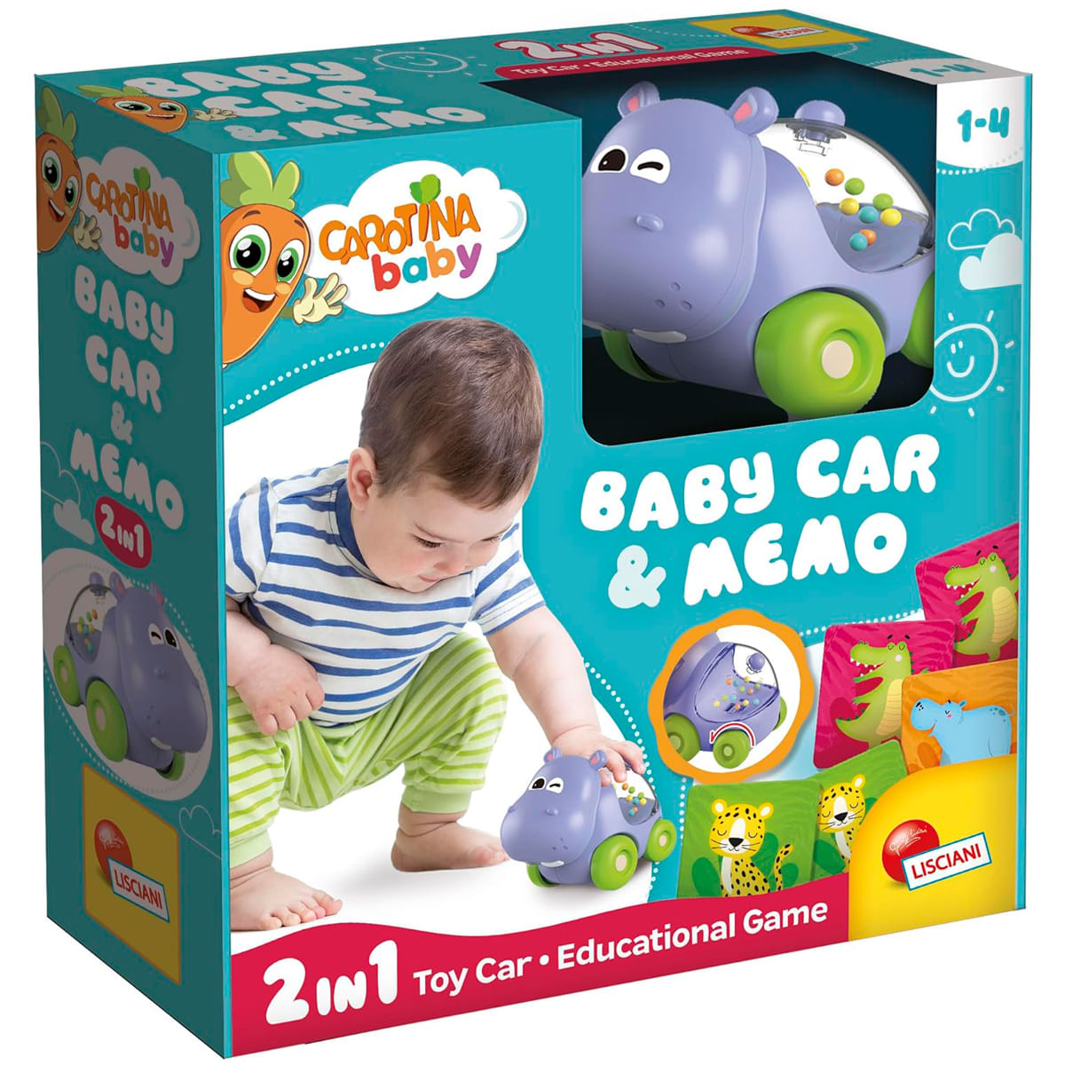 Embalaje de un coche de juguete para bebé y juego de memoria con un coche de hipopótamo y un bebé.