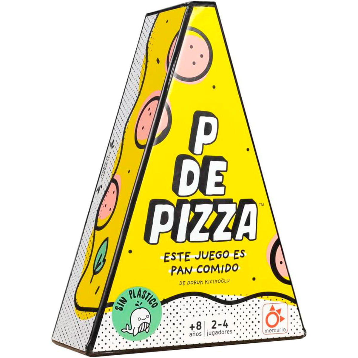 Caja amarilla con forma de pizza con texto 'P DE PIZZA', info y dibujos.