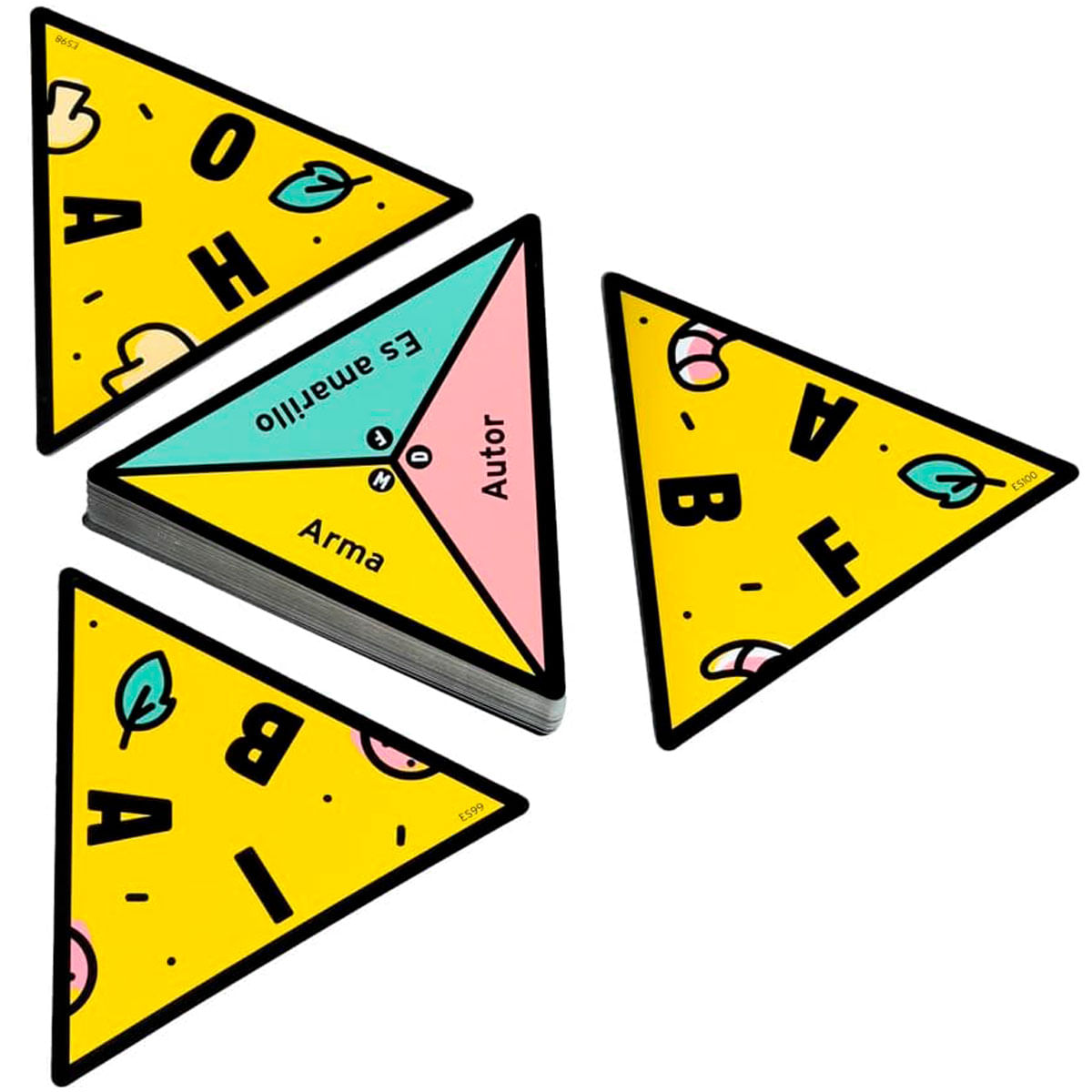 Coloridas cartas de porción de pizza con letras y dibujos.