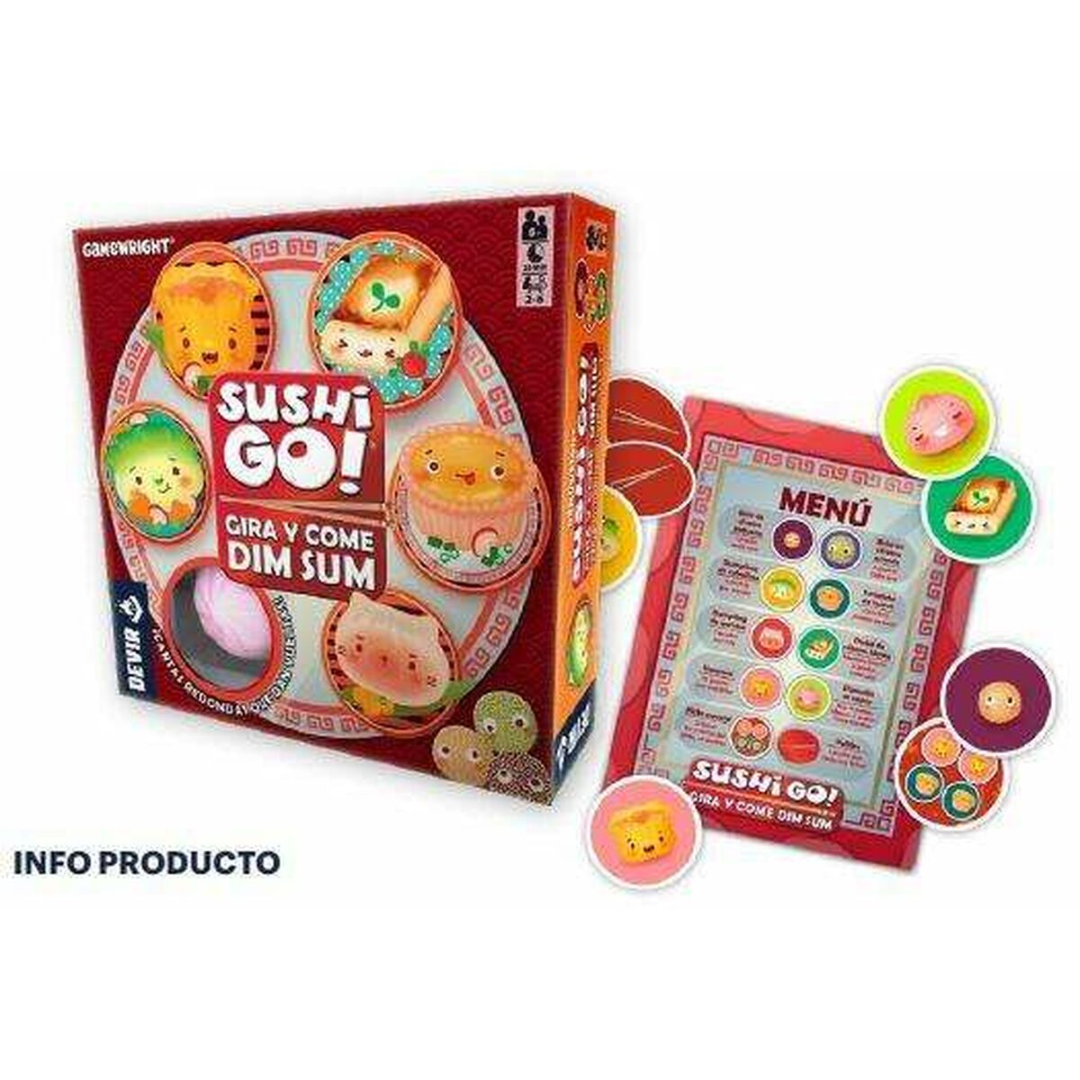 Caja del juego de mesa Sushi Go! Dim Sum con menú y fichas.