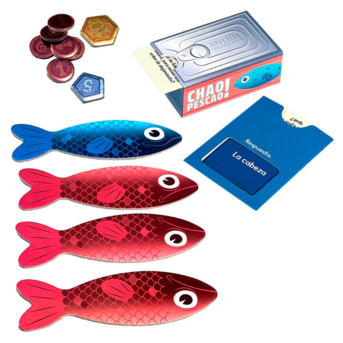 Piezas del juego: peces, caja, fichas y cartas sobre fondo blanco.