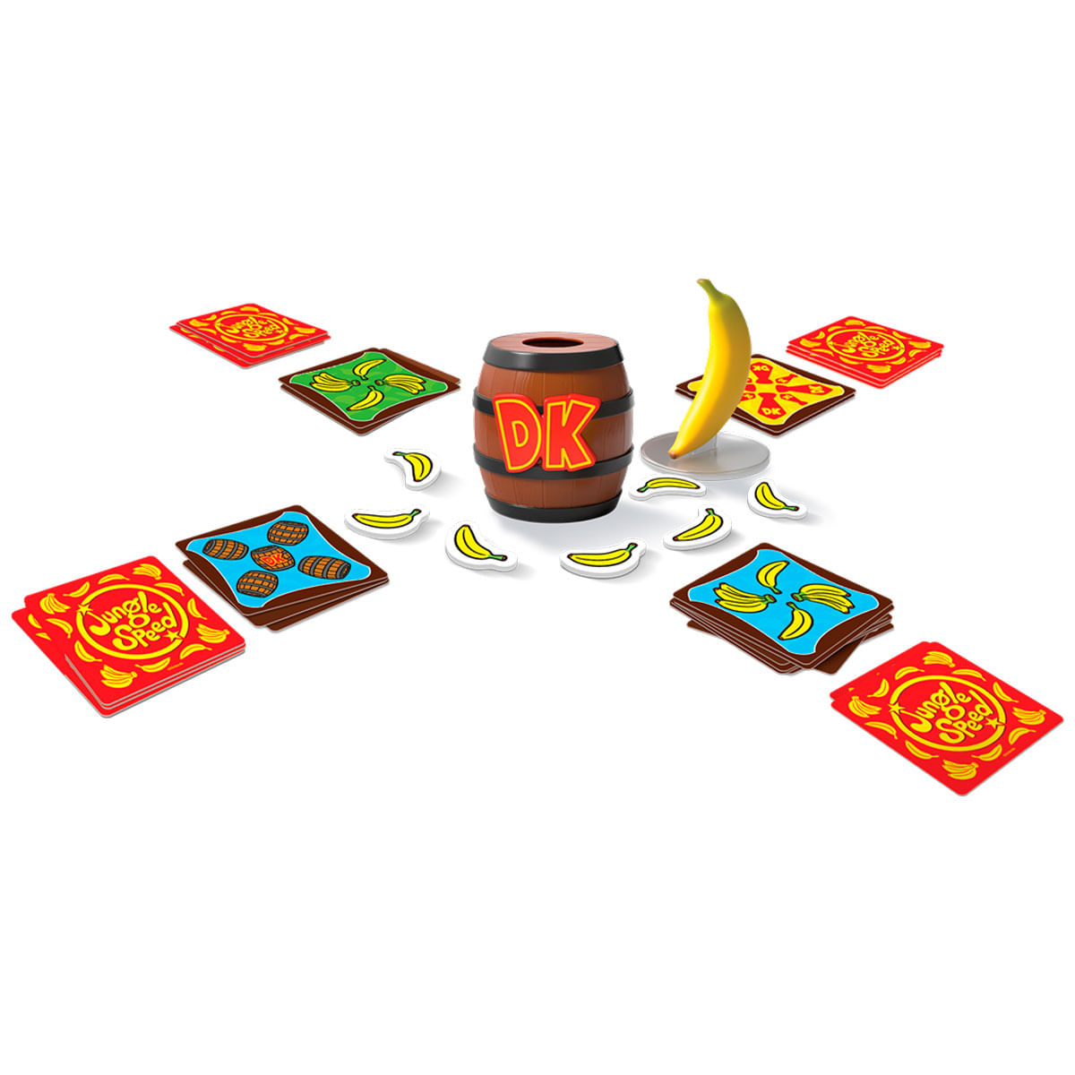 Un juego con un barril de DK, plátanos y cartas de juego.