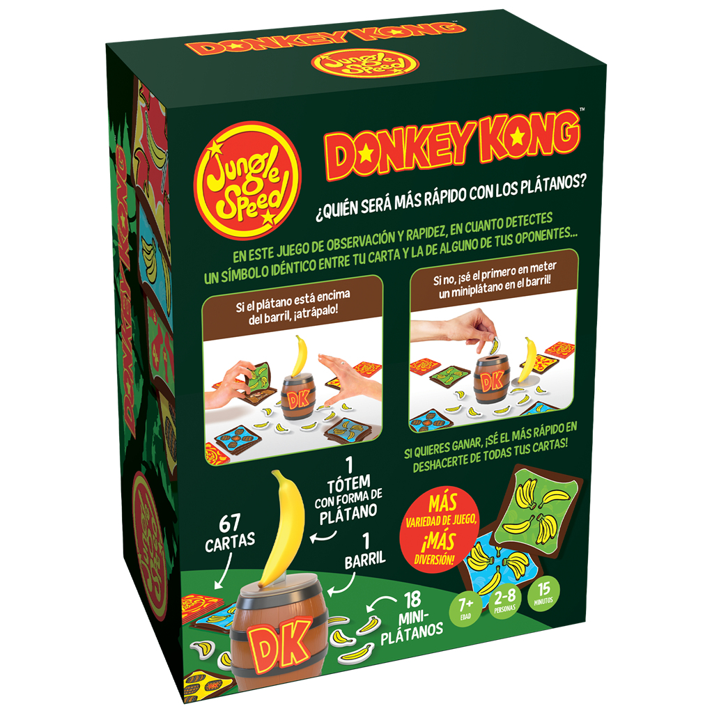 Caja del juego de mesa Donkey Kong con motivos de plátano e instrucciones.